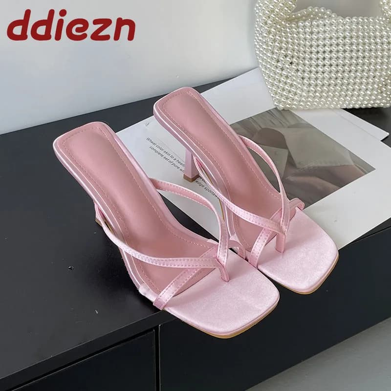 Pink Fashion Square Toe Women Thin Heels Shoes Female Flip flops Footwear Shallow Ladies High Heels Pumps Shoes Big Size 43