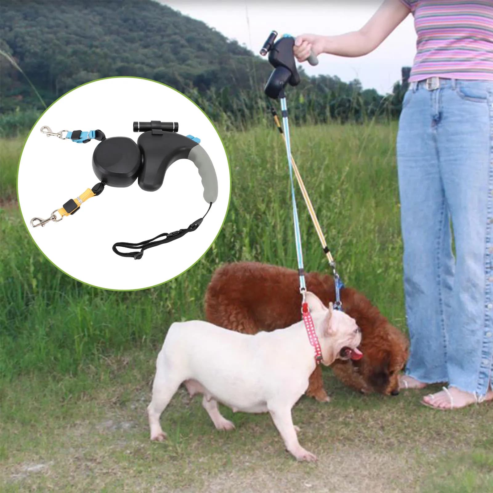 Guinzaglio Retrattile per 2 Cani, Rotazione a 360° ° Guinzaglio per Cani a Doppia Testa Girevole con Luce LED, 3 Metri