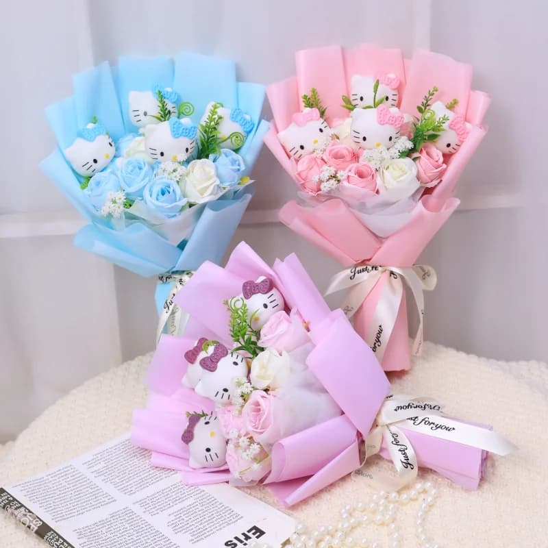 Bambole Kawaii di Hello Kitty con Fiori Artificiali, Bouquet Creativo per Regali di Natale, San Valentino, Compleanno e Laurea