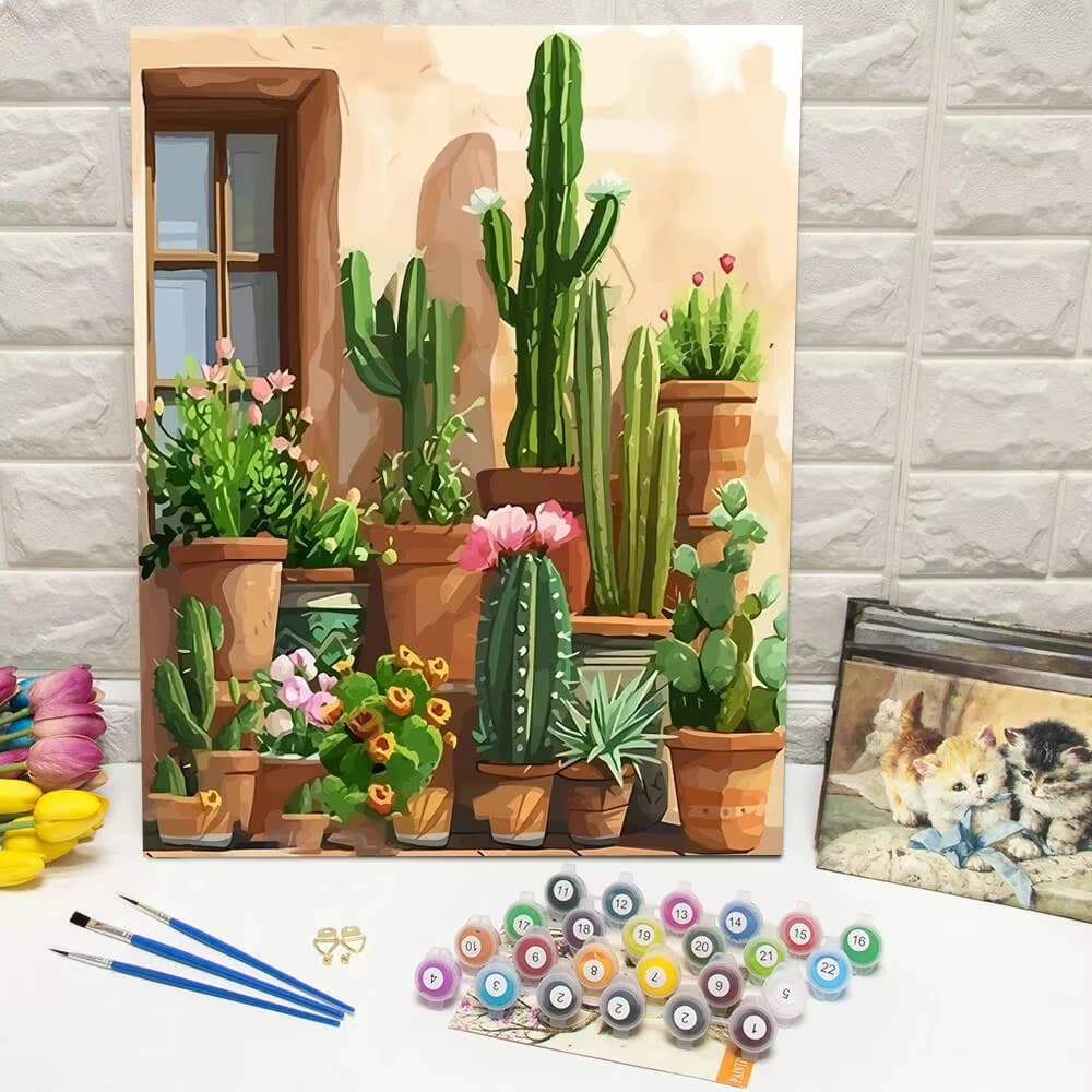 DIY Digital Oil Painting Cactus Plant Paint By Number Adult Kit Window Coloring By Numbers Flower Drawing on Canvas Wall Decor