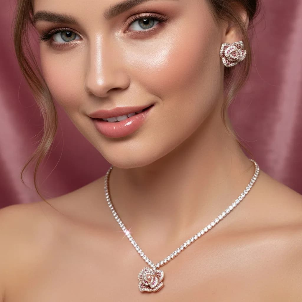 Set di gioielli per orecchini con collana da sposa con zirconi cubici per le donne Set di collane con ciondolo fiore rosa Gioielli da ballo per feste di nozze
