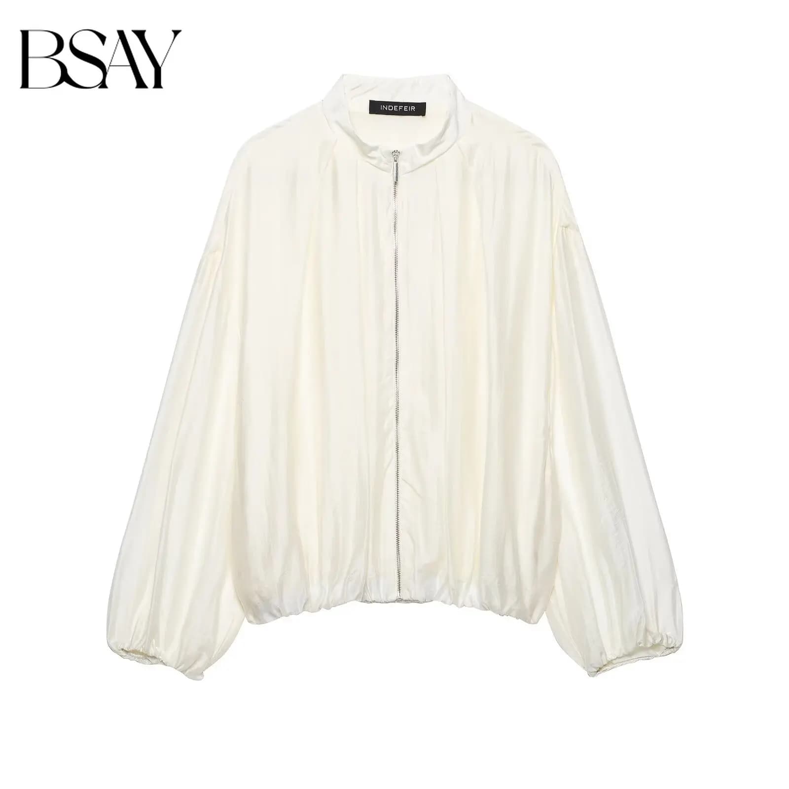 BSAY French Women Crinkled Pleated Bomber Jacket Stand Collar Zip Up Lantern Sleeve Elastic Cropped Loose Lightweight Outerwear