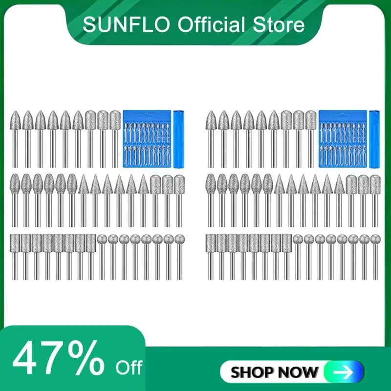 SUNFLO 80 Pieces Diamond Burr Bits Stone Carving Set For Dremel Rotary Tool With 1/8 Inch Shank For Polishing Engraving Stone