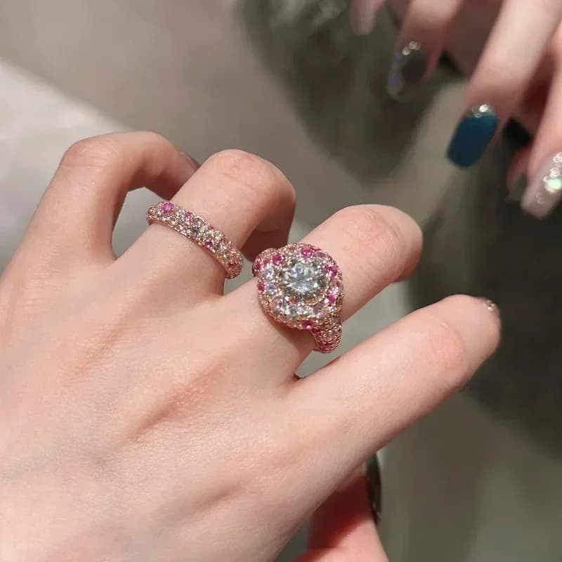 New in Rose-golden Sweet Style High quality ring gradient peach pink white crystal beads rings for women Light luxury jewelry