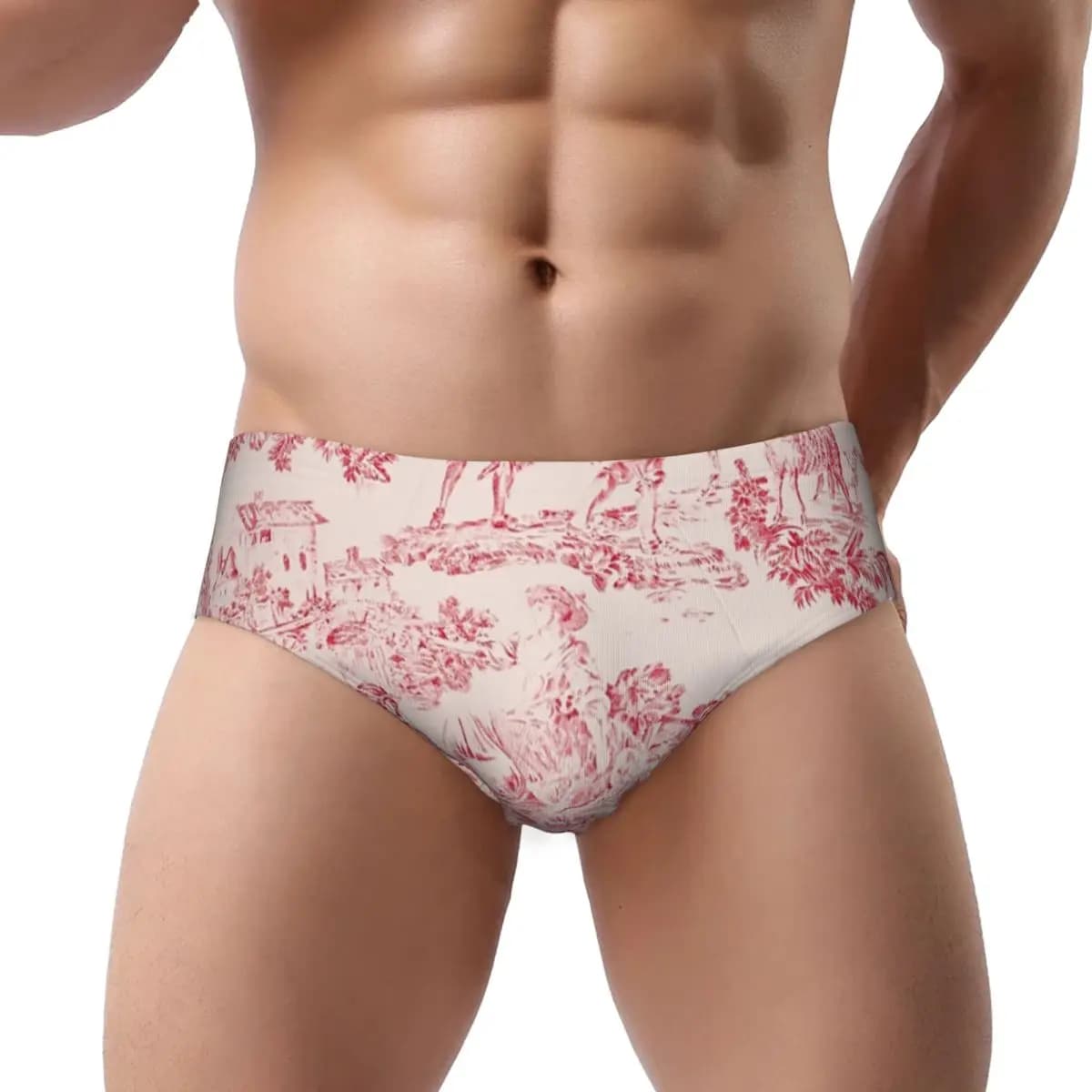 Custom Red And White Toile De Jouy Briefs Underwear Men Breathable Stretch Underpants
