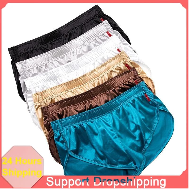 New Summer Men's Sexy Ice Silk Underwear Silky Seamless Boxer Briefs Loose Breathable Loungewear Shorts