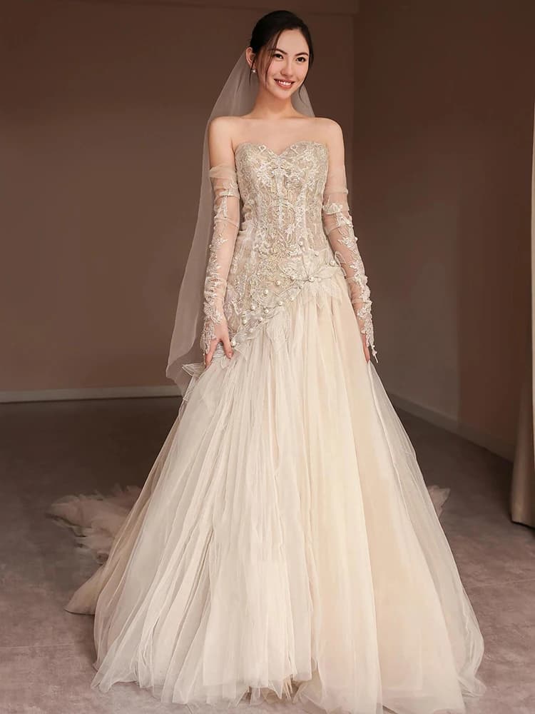 Retro Lace Wedding Dress Fish Tail Gown Bridal Guest Dress Vintage Style Strapless mid Waist Slim Fit Hotel Indoor Occasion