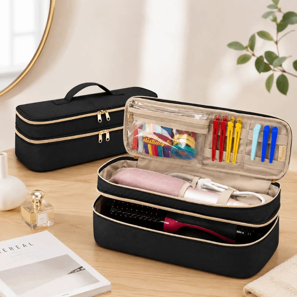 2-In-1 Hair Tools Travel Bag Double-Layer Large Capacity Hair Dryer Storage Bag Heat Resistant Foldable Curling Iron Storage Bag
