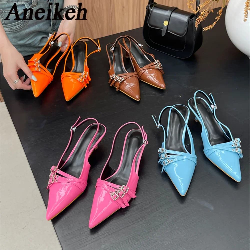 Aneikeh Sexy Low High Heeled Pointed Back Strap Women's Sandals 2025 Spring Pumps Fashion Shallow Slip On Slingback Dress Shoes