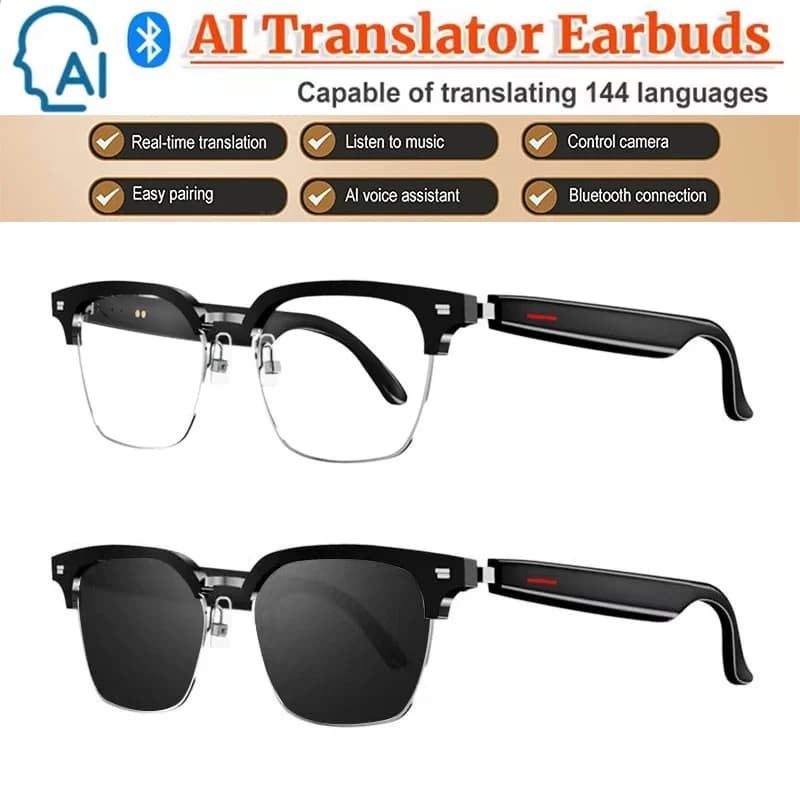 Glasses AI Translator with 144 Languages, Sunglasses with Real Time Translation, Bluetooth, Intelligent Vocal Assistant