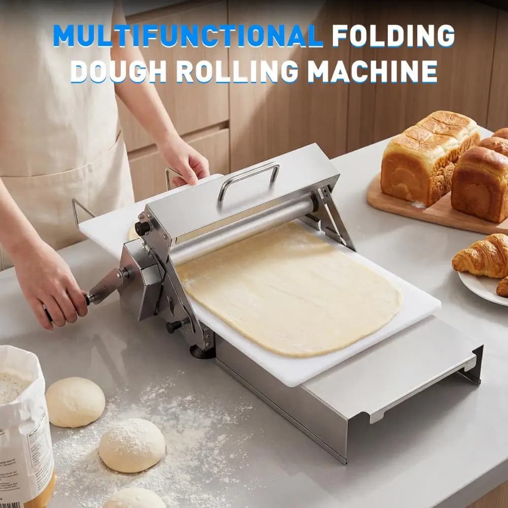 Macchina per Pasta Pieghevole in Acciaio Inox da 12 Pollici con 2 Tavole di Laminazione, Spessore Regolabile, per Panificazione
