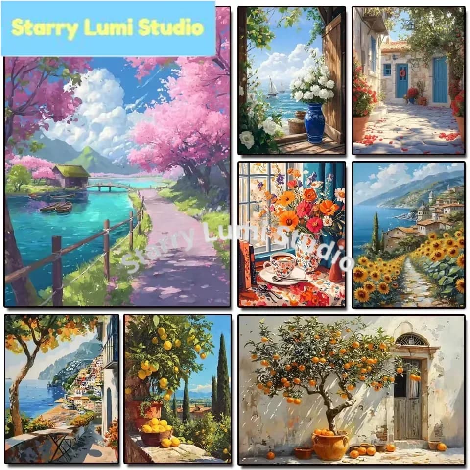 5D Diamond Painting Cross Stitch Mediterranean Scenery Full DIY Diamond Art Kits European Landscape Mosaic Embroidery Home Decor