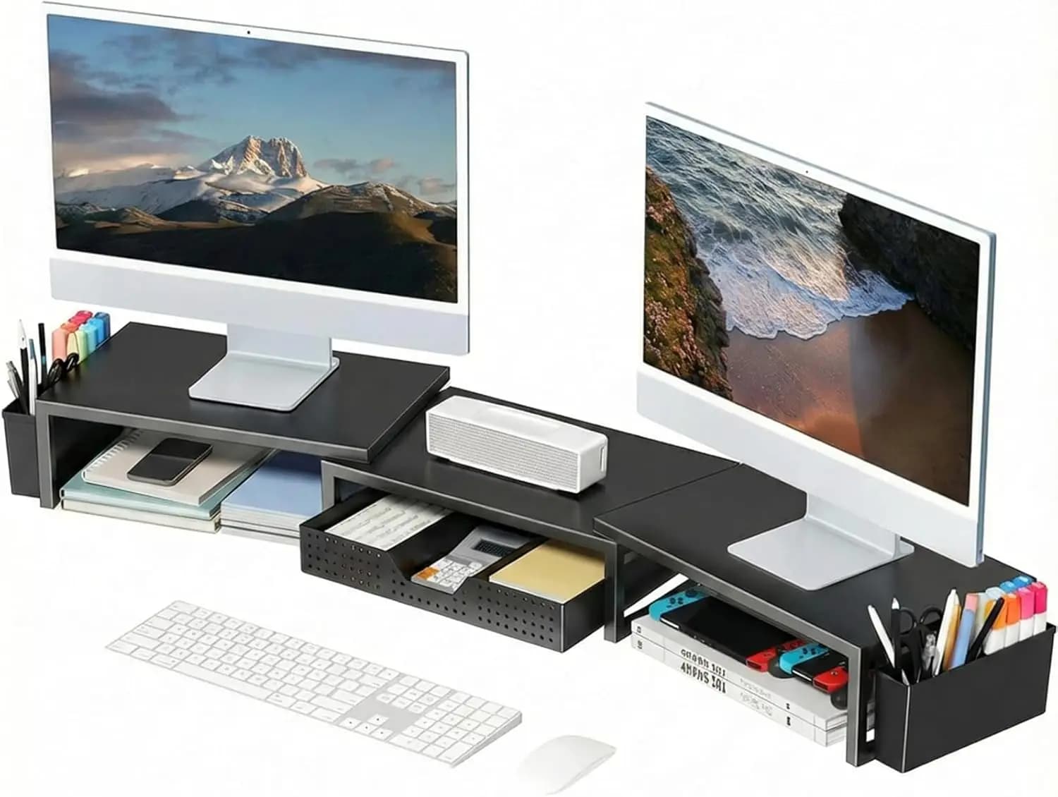Supporto per Doppio Monitor con Cassetto e Portapenne, Ripiano da Scrivania in Metallo per Organizzazione Ufficio, Nero