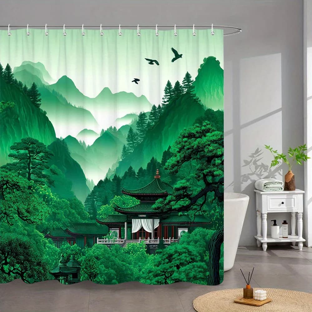 Tenda da doccia da giardino cinese da 1 pezzo: pagoda a strati, design di montagne nebbose e uccelli volanti, verde lussureggiante, terreni tradizionali asiatici