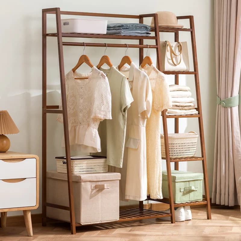 Multi-functional coat rack, combined shelf for storing objects, thick bamboo clothes rack, trapezoidal shelves.