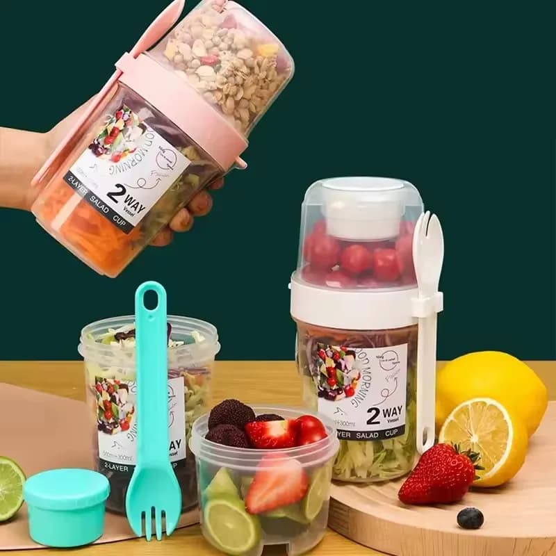 Tazza per farina d'avena per insalata 500ml + 300ml Coperchio a prova di perdite con forchetta Cucchiaio Cinturino da polso Contenitore portatile per preparazione dei pasti Bento per ufficio Palestra Trave