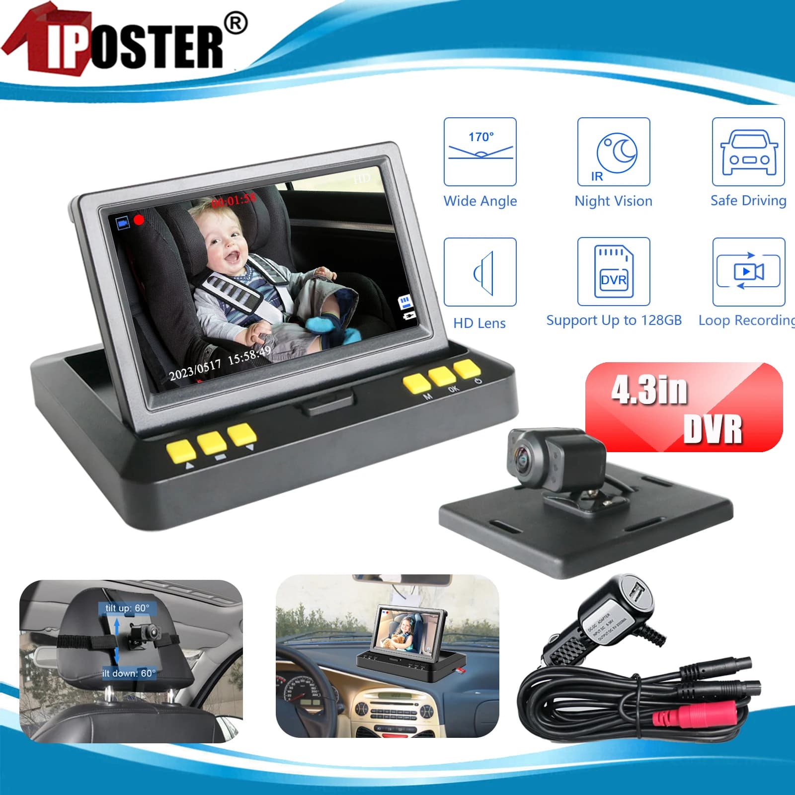 IPoster 4.3 "Baby Monitor per auto DVR View Infant in Rear Wide View Camera rivolto verso il sedile posteriore