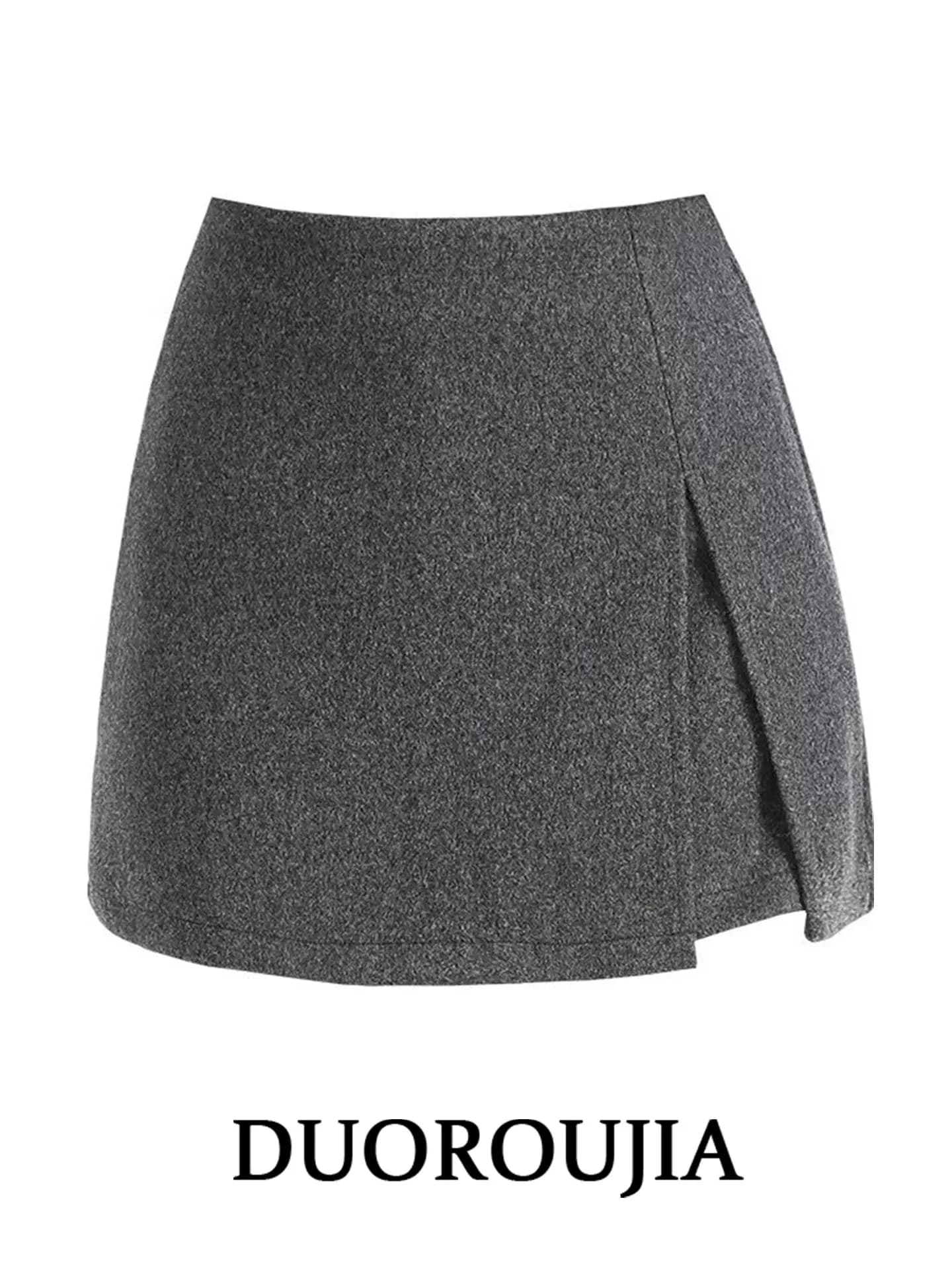 DUOR plus Size Grey Asymmetric Woolen Suit Skirt Women's High Waist Slimming Short Skirt Pants Anti-Light Walking