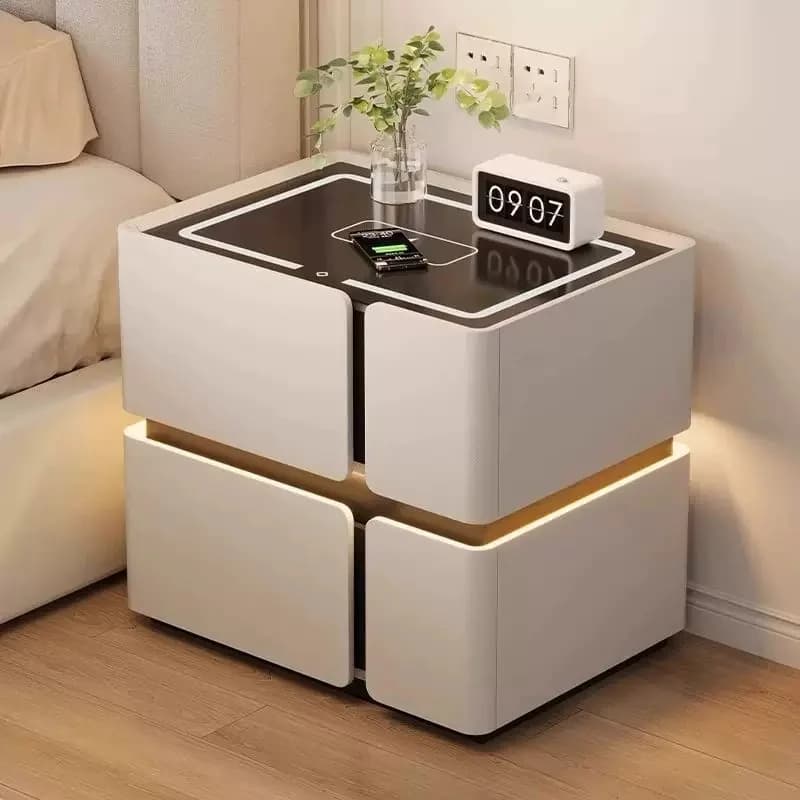 Comodino Intelligente con Blocco di Sicurezza, Stile Moderno, in Legno, con Ricarica Wireless e 2 Cassetti Contenitore