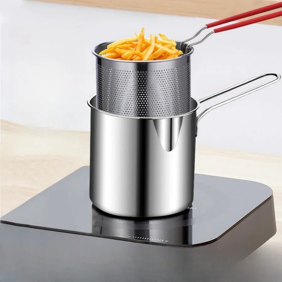 Compact stainless steel fryer filter holder, essential for home cooking, crispy chips, fish, easy to use kitchen utensils pans