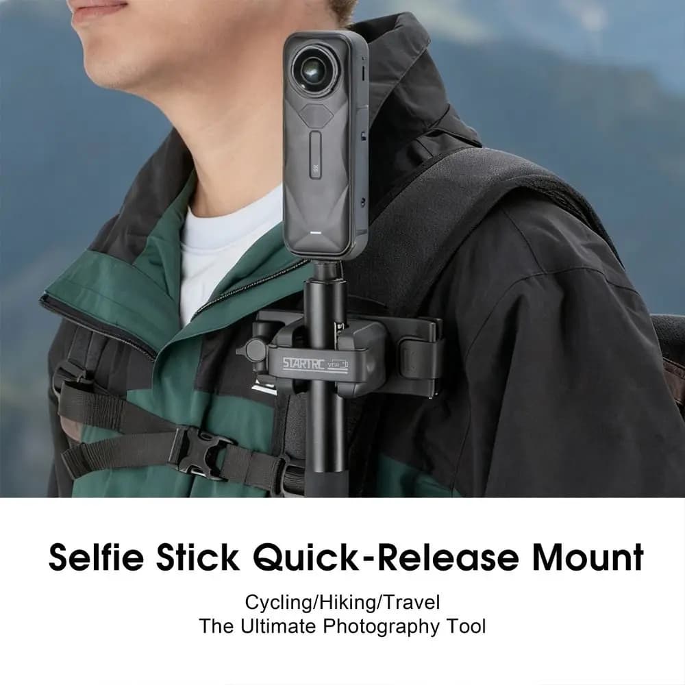 Supporto per Fotocamera a Sgancio Rapido 2-in-1, Regolabile e Stabile, per Selfie Stick, Zaino e Cintura, Compatibile con Insta360/DJI