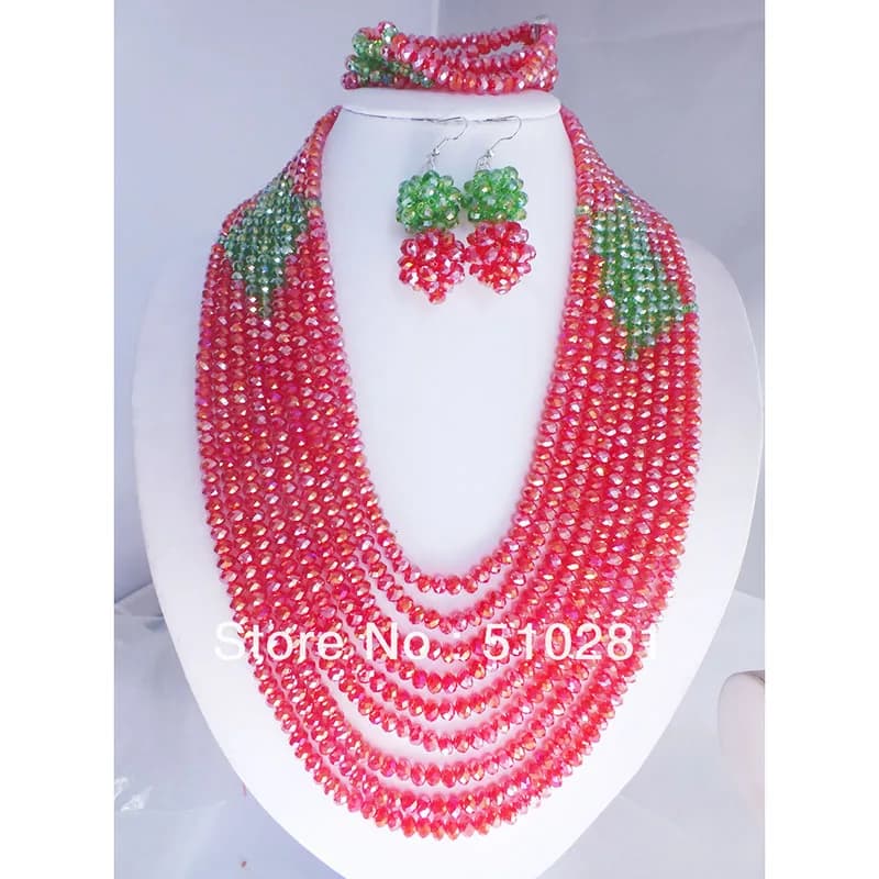Affascinanti set di gioielli con fiori di cristallo rosso e verde cablati per il regalo della festa nuziale africana