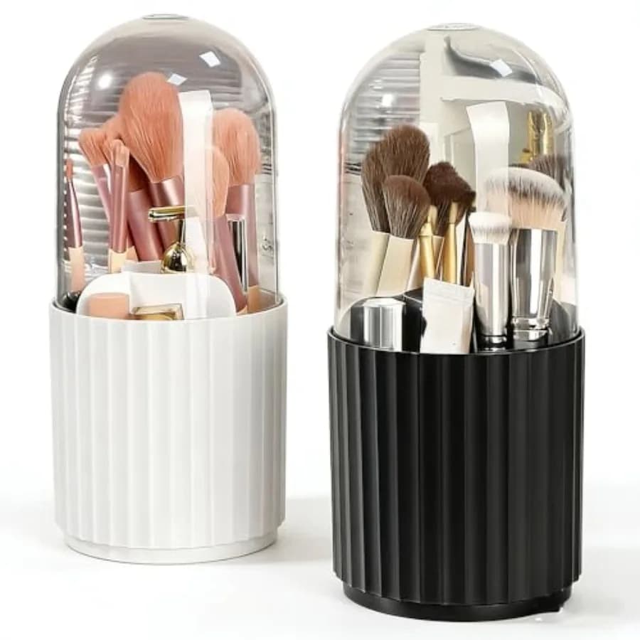 Makeup Brush Holder Organizer with Lid, 360 Degree Rotatable Makeup Brush Organizer Spinning Cosmetics Holders Brush Storage Bo