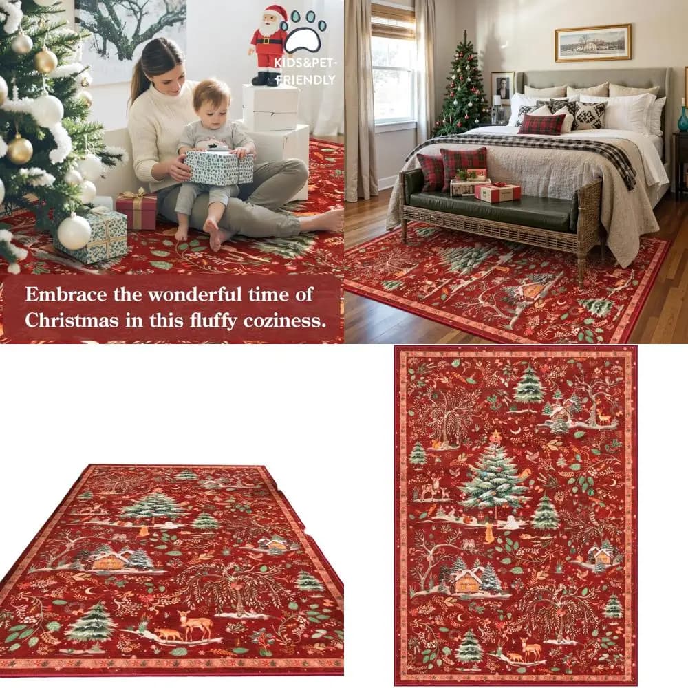 Tappeto rosso per albero di Natale 5x7, morbido, lavabile, antiscivolo per soggiorno, tappeto da interno ultra sottile per sala da pranzo, Holi invernale