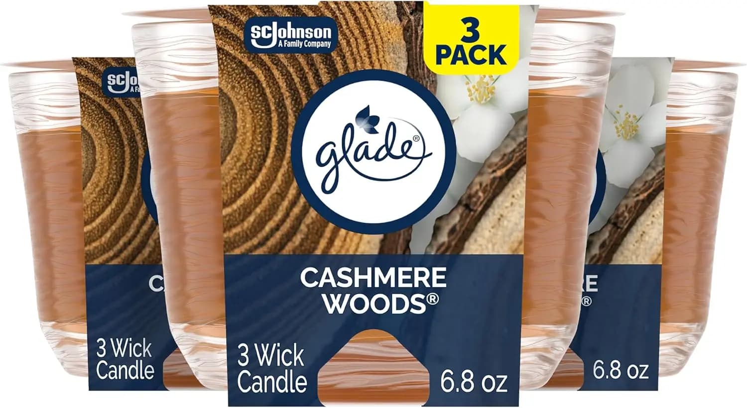 Candela Cashmere Woods a 3 Stoppini, con Oli Essenziali, 6.8 oz (Confezione da 3), Profumo a Lunga Durata