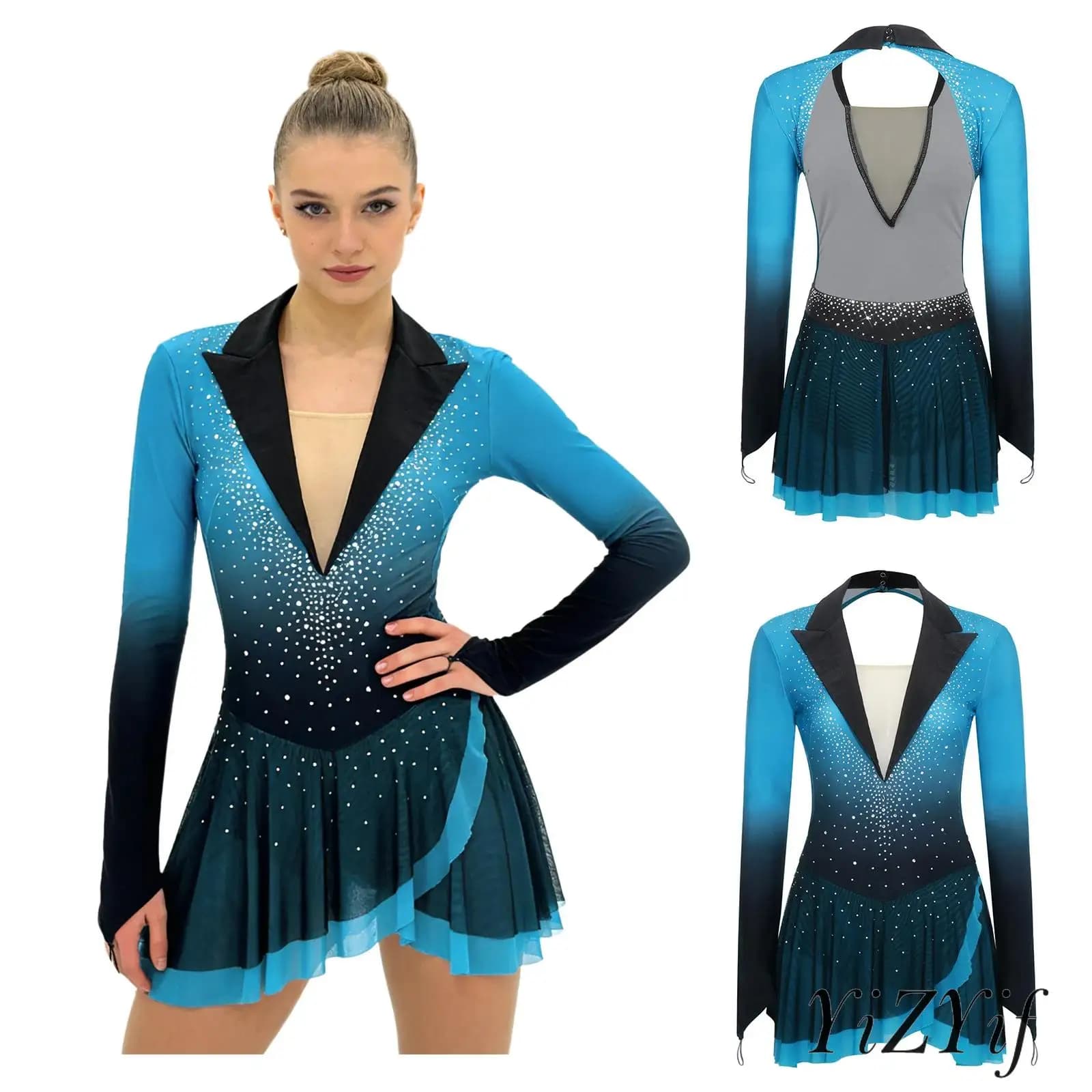 Abito da Pattinaggio Artistico su Ghiaccio per Donna, con Strass, Maniche Lunghe, per Ginnastica, Danza Classica e Spettacoli sul Palco