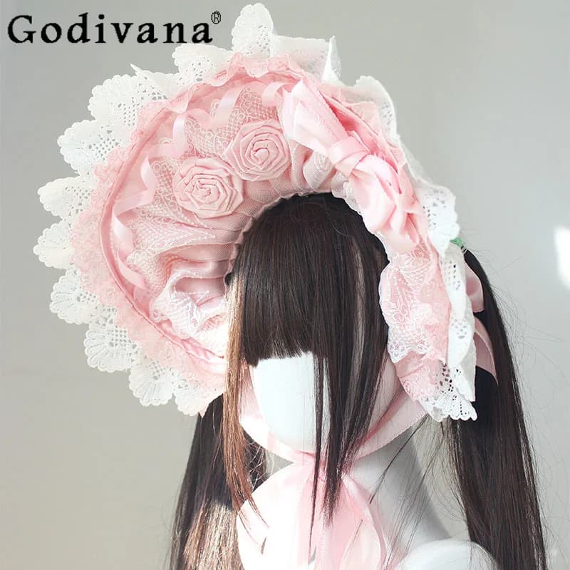 Originale francese elegante stile corte Lolita BNT 2025 nuova ragazza dolce pizzo 3D rosa cappello stile Fedora Lolita fiocco KC fermaglio per capelli