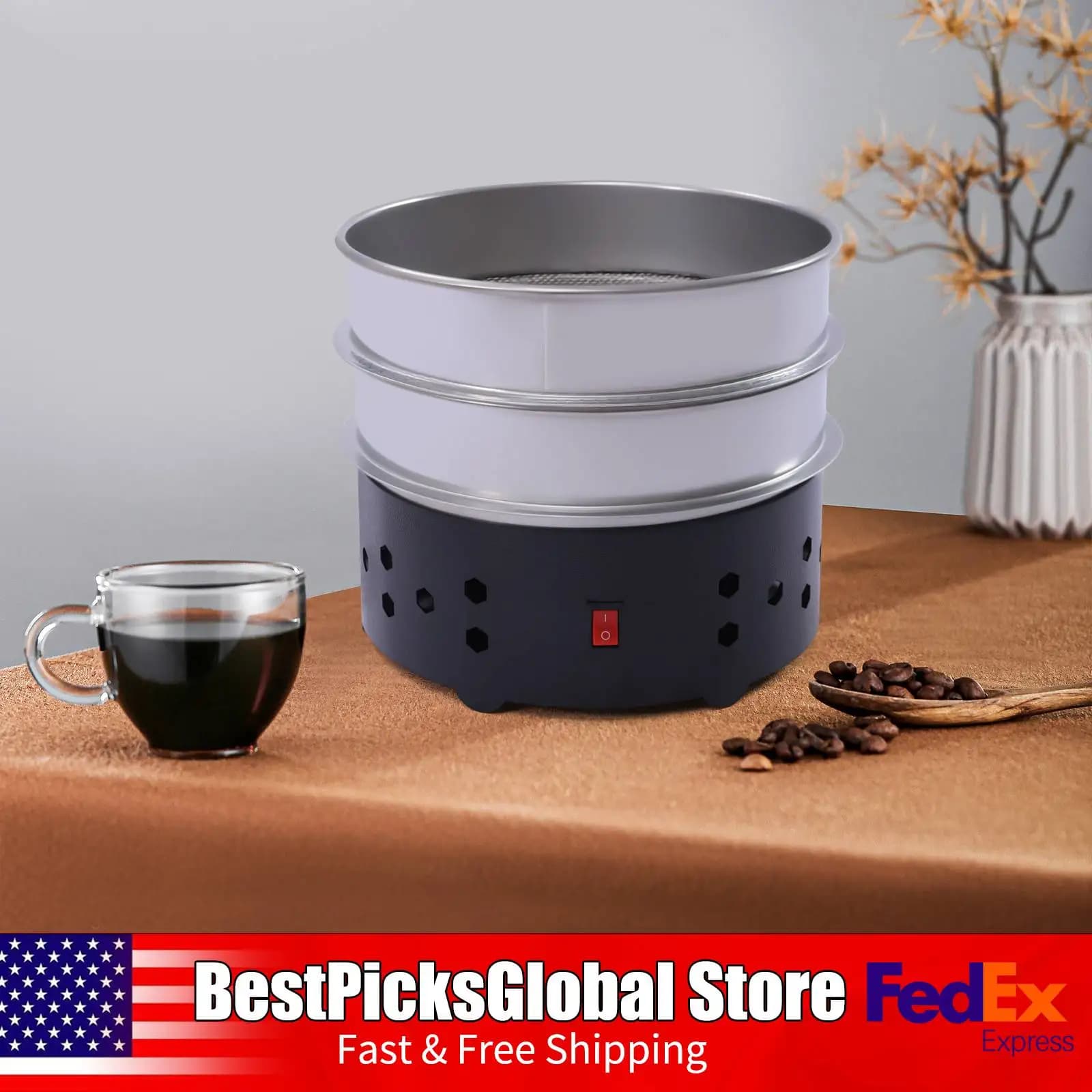Raffreddatore per Chicchi di Caffè a Doppio Strato da 34W, Macchina Elettrica per Raffreddare Chicchi di Caffè da 600g, Nero, con Raccoglitore di Peli per la Torrefazione Domestica, 110V