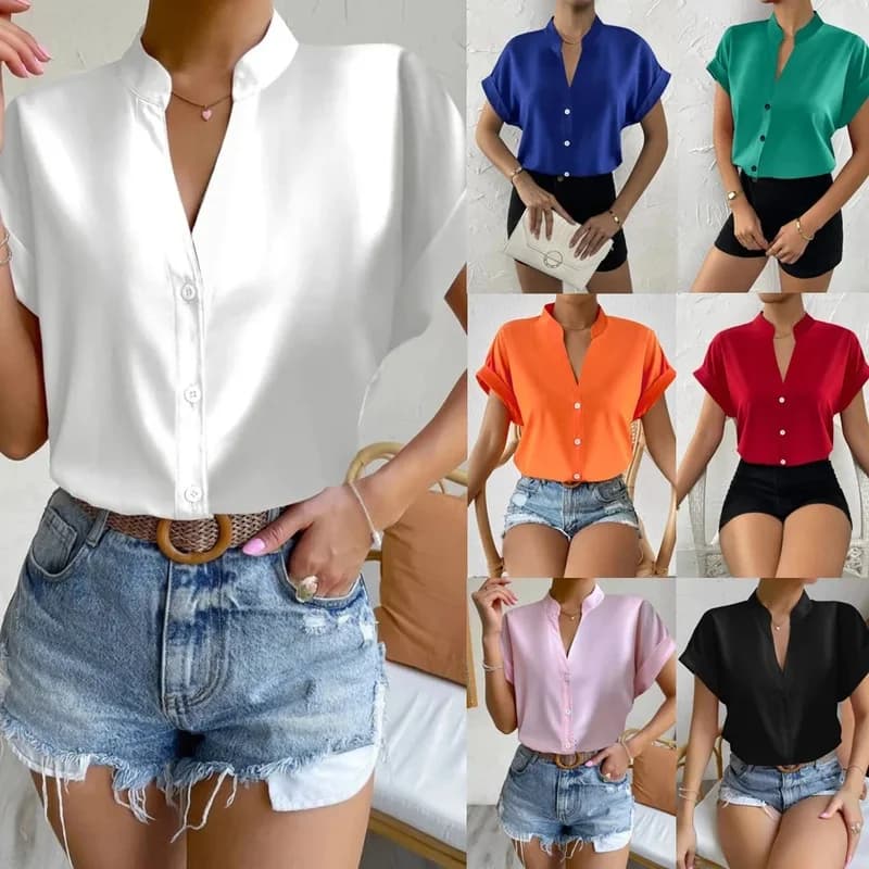 Women's Elegant V Neck Batwing Sleeve Blouse Stand Collar Button Down Casual OL Shirt Office