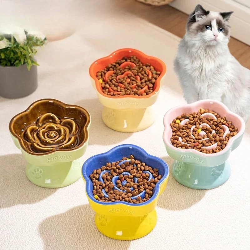 Raised Ceramic Slow Feeder Pet Bowl,Anti-Spill Anti-Choke Cat Dog Dish,Neck Protection Elevated Food Water Bowl,Small Dogs Cats