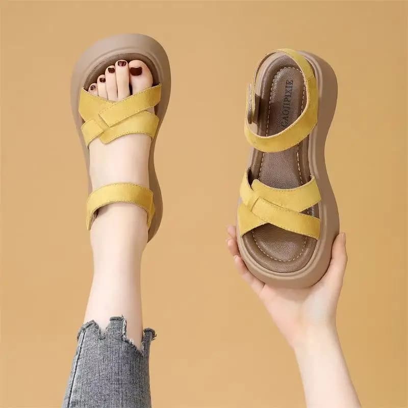 Women Summer New Wedges One Word Sandals Thick Sole Non Slip Lightweight Velcro Casual Sports sandals Outdoor Beach Sandals
