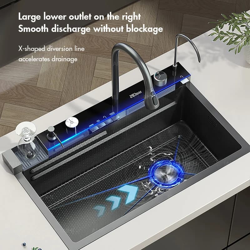 304 Stainless Steel Waterfall Large Single Slot Kitchen Sink Digital Display Faucet Set w/ Soap Dispenser & Cup Washer