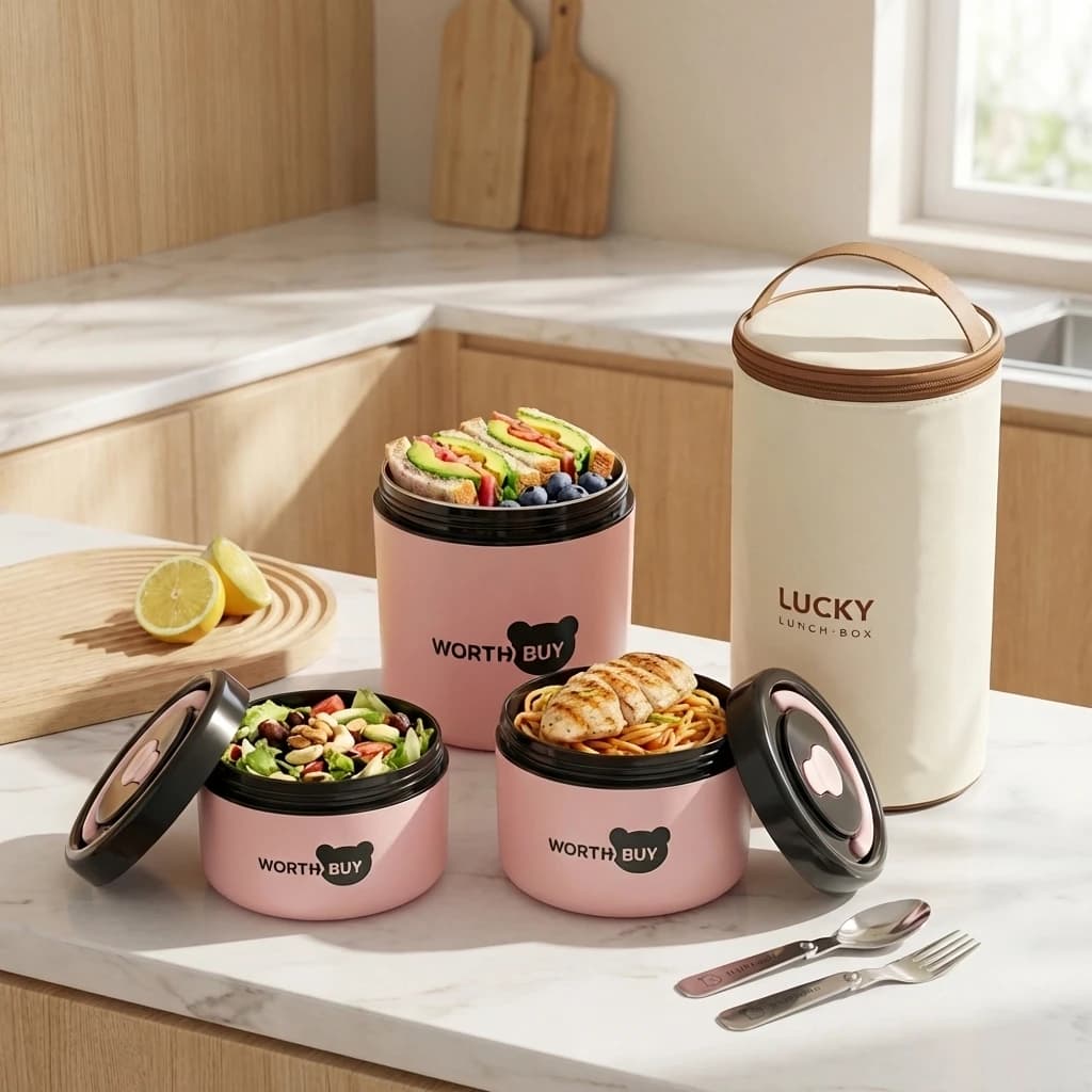 Contenitore termico per il pranzo in acciaio inossidabile 304 con maniglia, portatile, a doppio strato, a tenuta stagna, per bambini e studenti, adatto al microonde.
