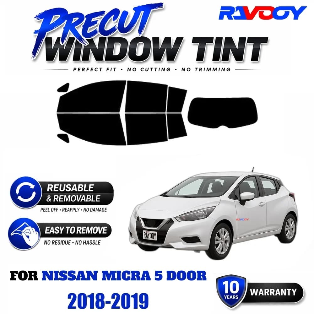 RAVOOY Precut Window Tint, Reusable Removable EPU Film, Custom Fit for Nissan Micra 5 Door 2018-2019, UV Heat Protection
