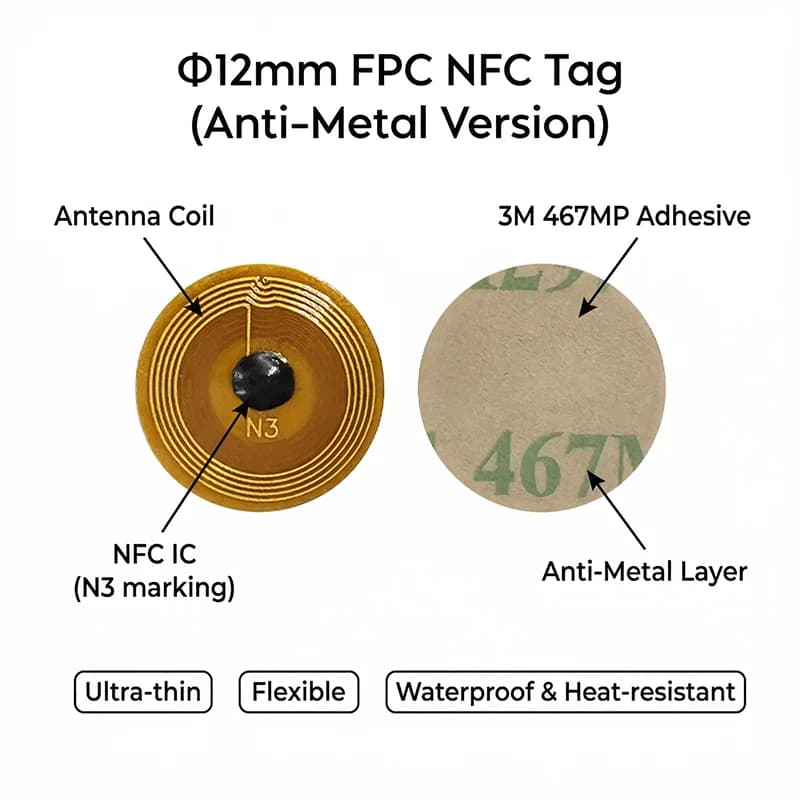 12mm Micro piccola dimensione NXP Ntag213 RFID 13,56 MHz NFC Chip programmabile Bluetooth FPC Tag Etichetta/Adesivo per componenti elettronici