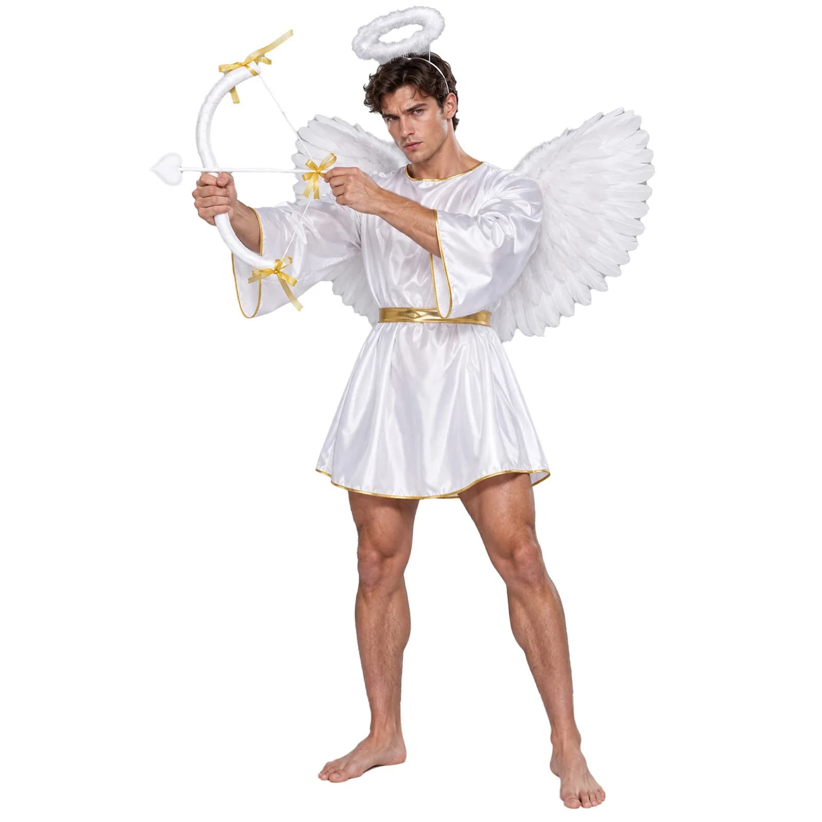 Mens Angel Cosplay Costume Halloween God of Love Cupid Outfit Gold Trim Batwing Sleeve Robe with Feather Wing Headwear Bow Arrow