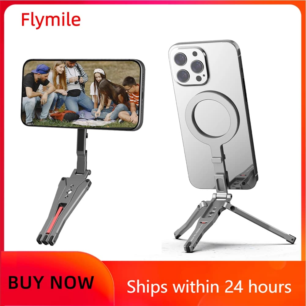 Treppiede magnetico Flymile per selfie stick per iPhone 16 15 14 13 12 Pro Max Treppiede pieghevole per telefono Fori da 1/4" compatibile con MagSafe