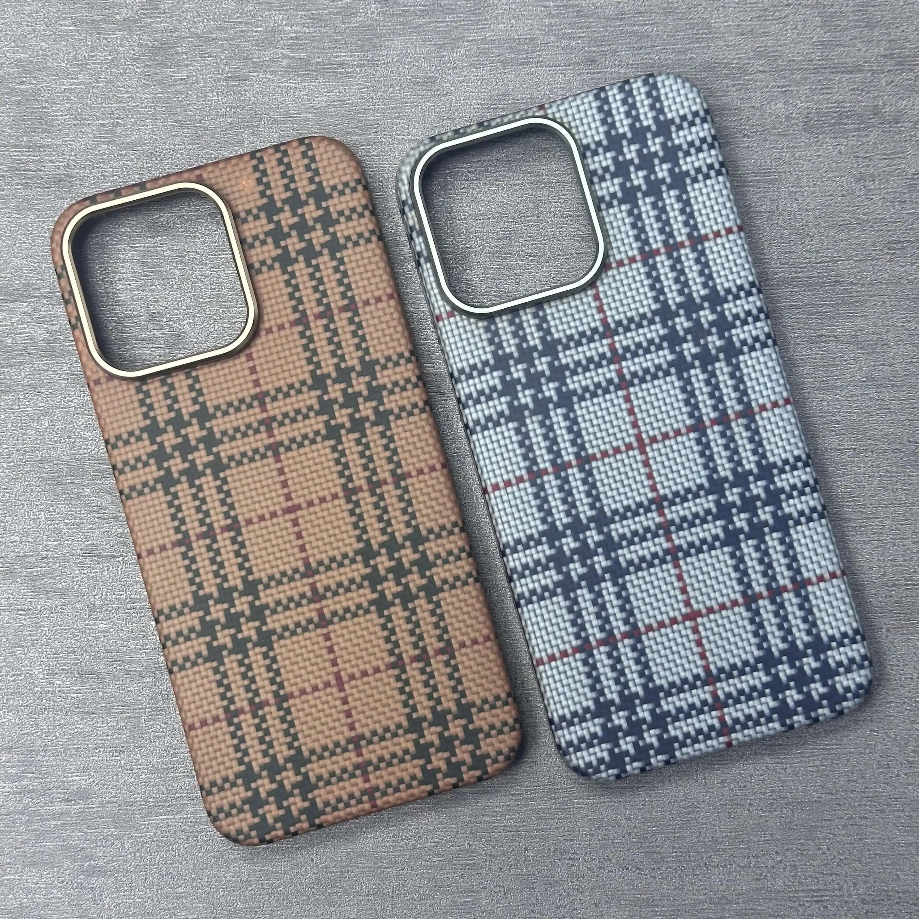 For iPhone 15/16 Series Luxury Check Pattern Kevlar Case, Yellow White Plaid Aramid Fiber Magnetic Magsafe,Full Shockproof Cover