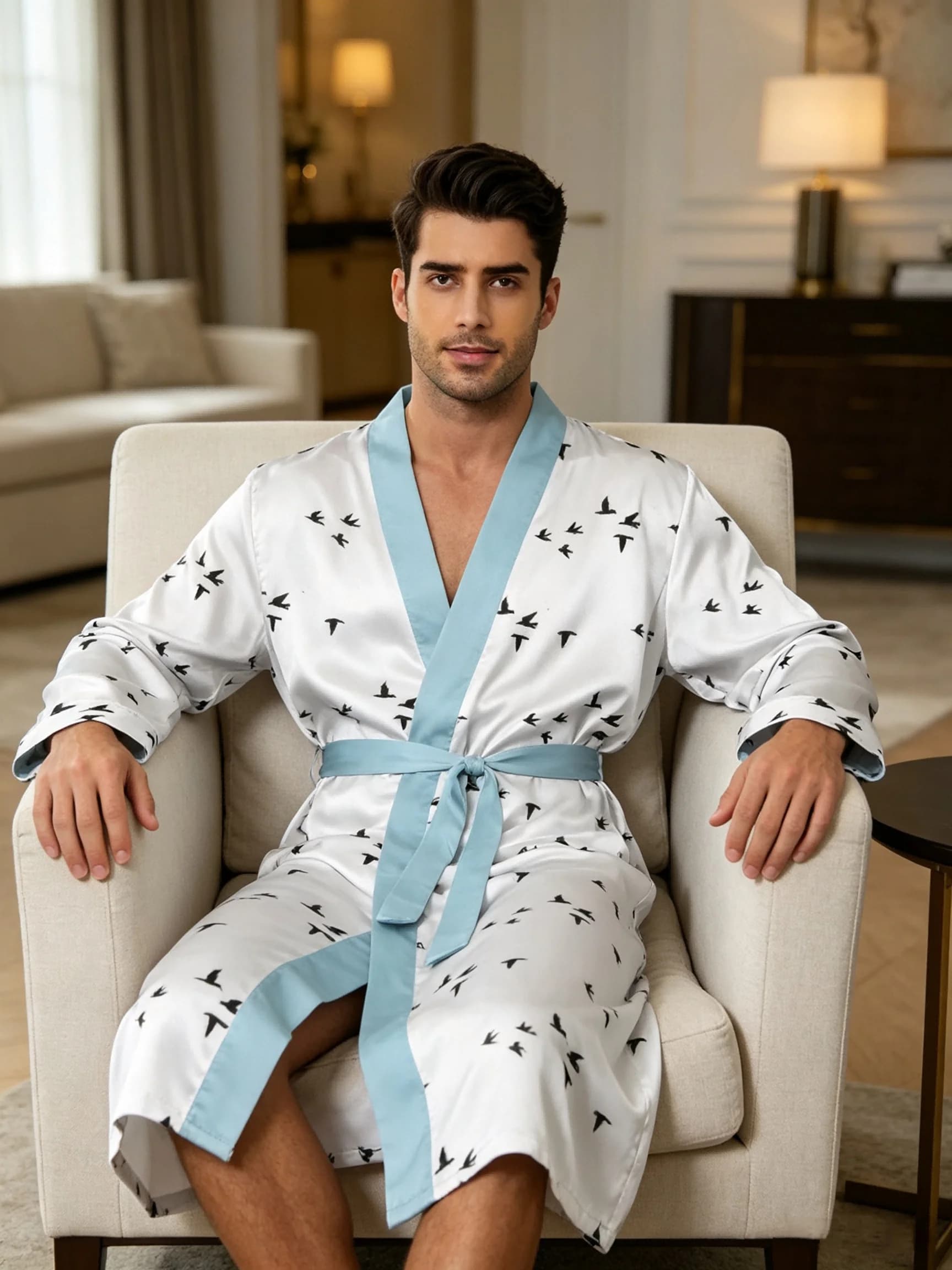 Men's lightweight quick-drying pajama bathrobe - 3D digital printing, non-fading design, stand-up collar and adjustable waistban