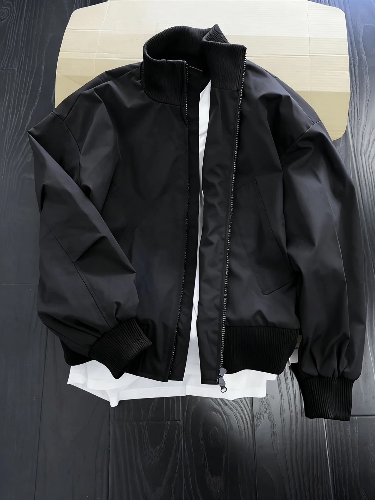 Black Pilot Jacket Short Collar Men's Autumn Fashion Cleanfit American High Street Baseball Uniform Loose Fit Polyester Nylon...