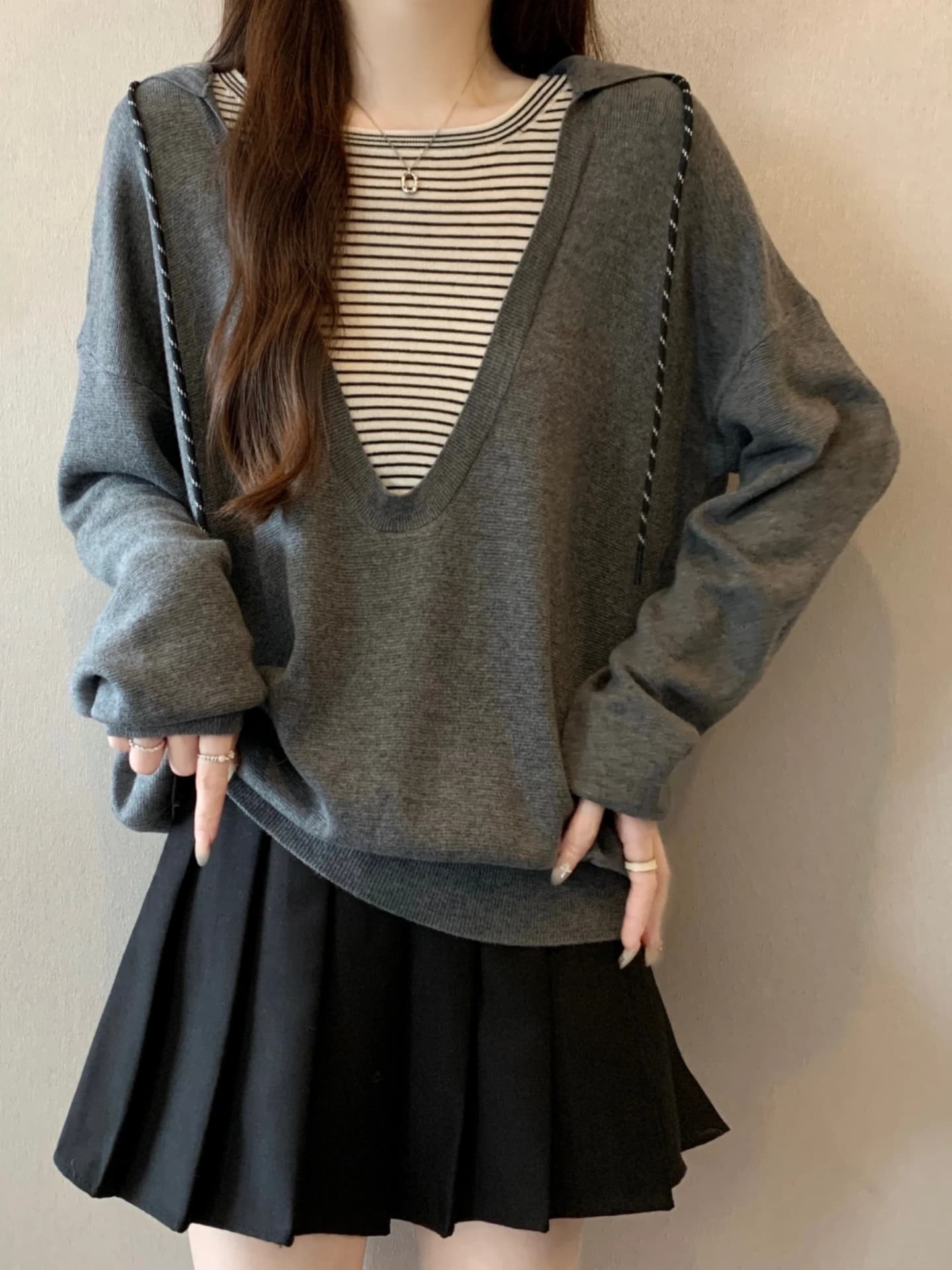 Women's Knitted Hoodie Stripe Splicing Slimming Base Shirt Spring Autumn plus Size Conceals Belly Fake Two-Piece Top