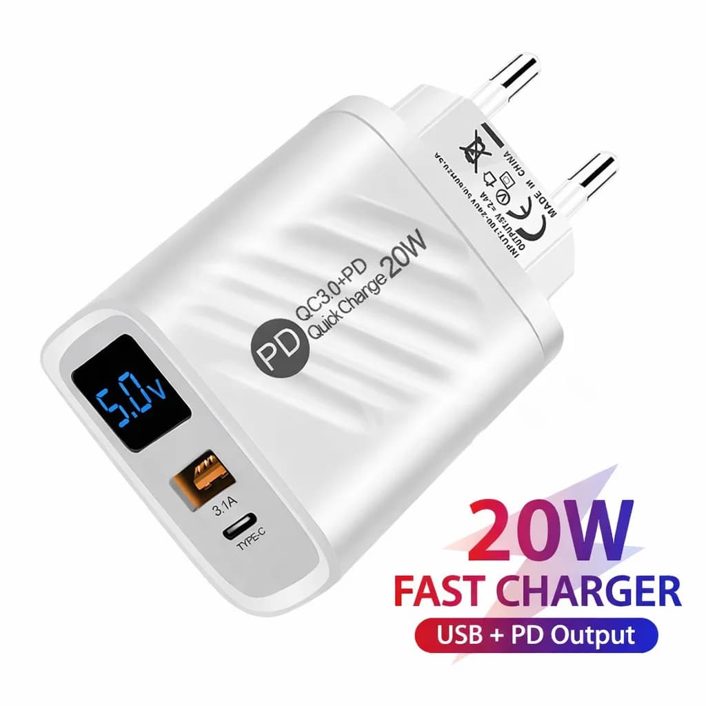 Caricabatterie rapido USB C da 20 W con display LCD, caricatore multiplo a 2 porte per iPhone 14 Pro Max, Samsung, Xiaomi, Huawei, Quick Charge 3.0