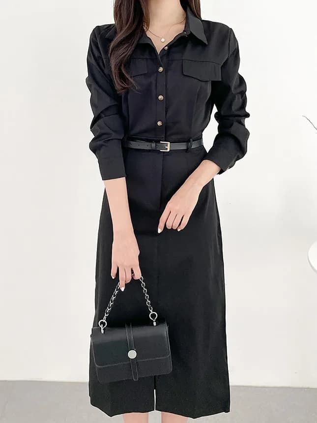 Elegant Long Knee-Length Slit Dress with Belt Single Button Slimming Women's Fashion Commute Style Spring Autumn Winter