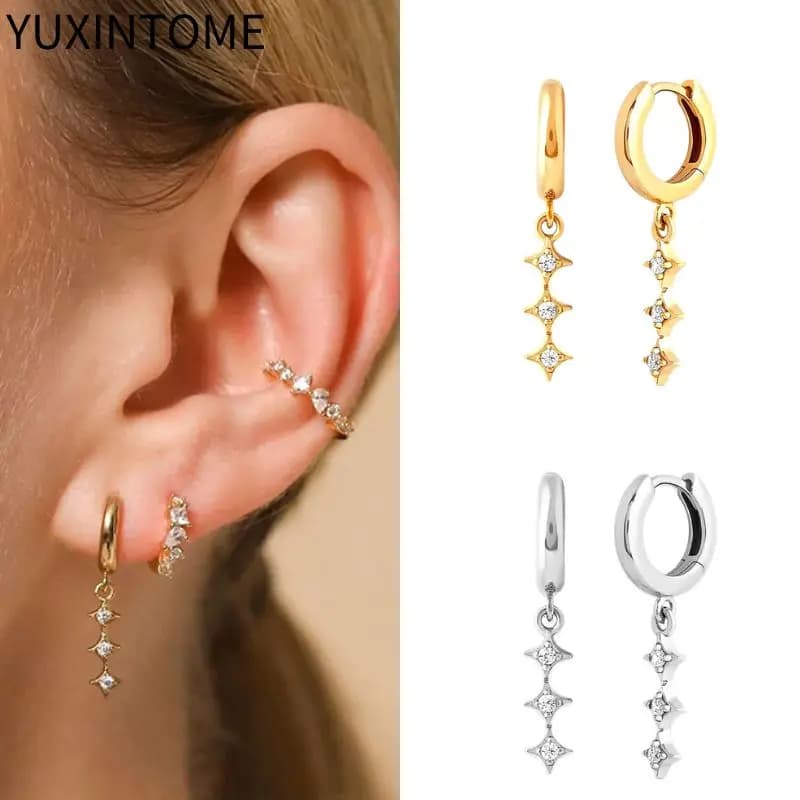Orecchini pendenti lunghi con stella ad ago in argento sterling 925 per le donne Orecchini a cerchio rotondi in cristallo bianco moda Gioielli di lusso