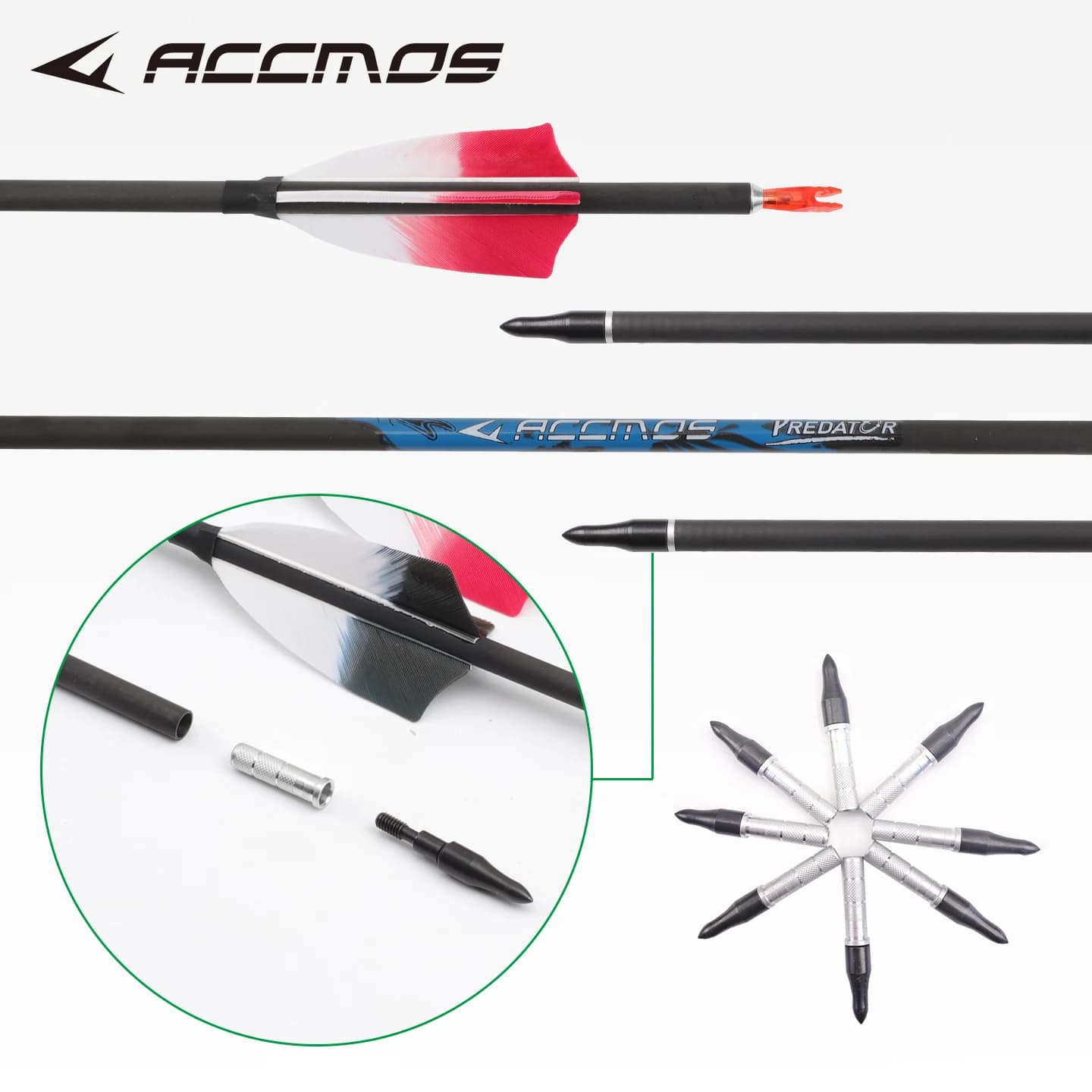 6.2mm ID Pure Carbon Arrow Shafts Spine 250 300 350 400 500 600 700 800 with 100 Grain Tip 3" Natural Feather for Archery Target