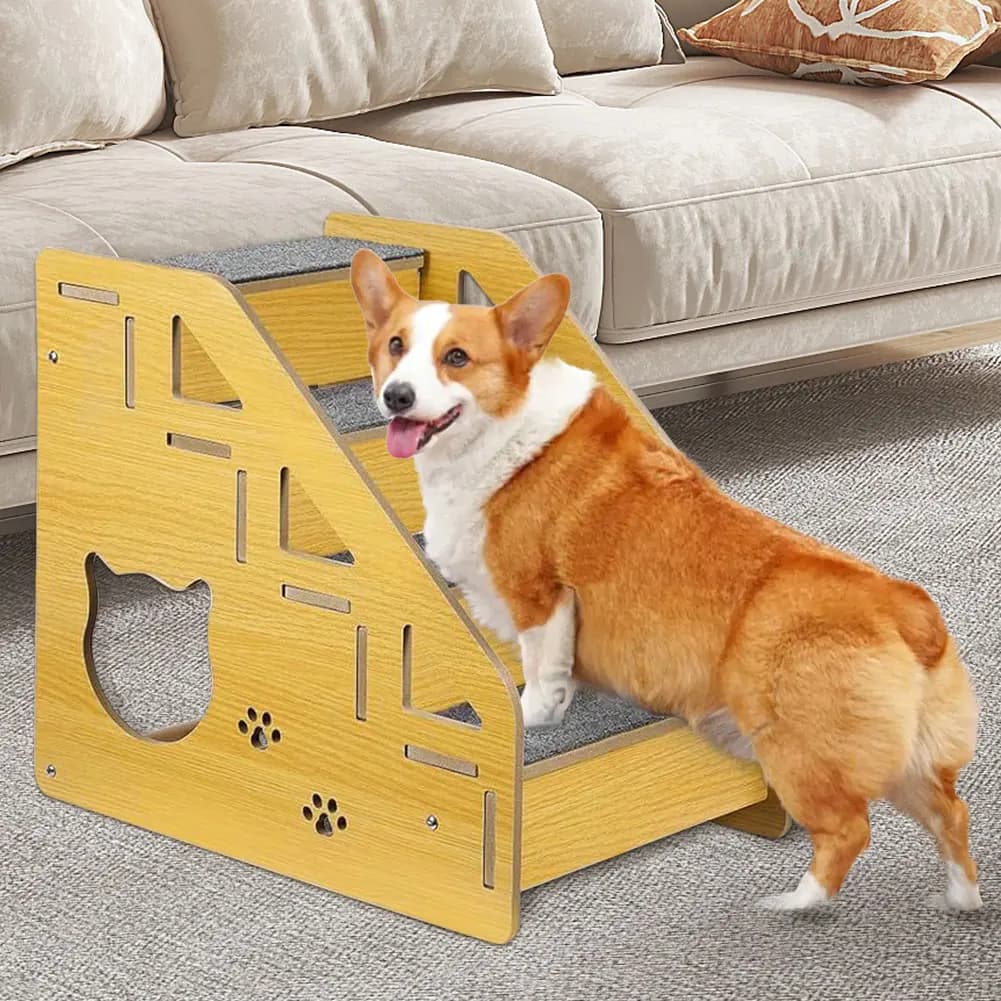 Scala per Animali Domestici in Legno a 4 Gradini, Antiscivolo, con Tappeto, per Interni, Rampa per Cani e Gatti, Arredo per Animali Domestici per Letto